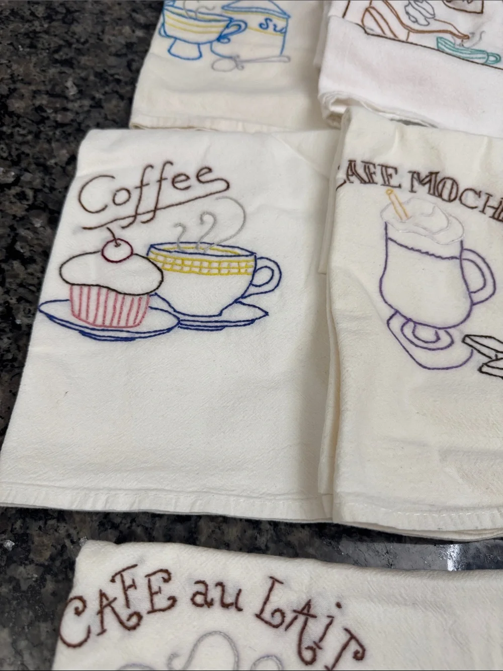 Embroidered cotton flour sack Coffee Kitchen Towels - White (Set) cheesecloth NE